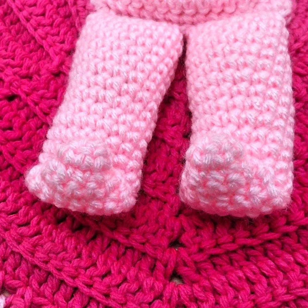 Vintage Crocheted Baby Doll In Blanket Pink and White Rubber Face Hands Granny